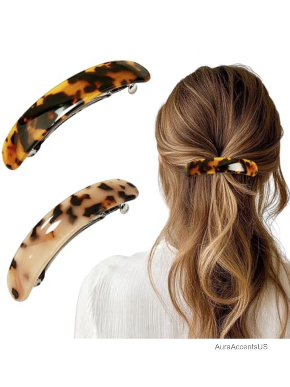 2 French Tortoise Shell Hair Clips Large Celluloid Automatic Clasp Barrettes